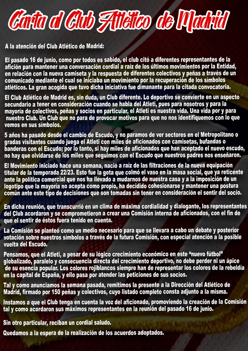 Nace la Plataforma <a href="/DespiertaAtleti/">Plataforma Despierta Atleti</a> ,  donde más de 150 peñas y colectivos nos unimos para defender al Club Atlético de Madrid, sus símbolos y la relación con su masa social para que sea escuchada y respetada. Esta es la carta que hemos enviado hoy al <a href="/Atleti/">Atlético de Madrid</a>. #DespiertaAtletico