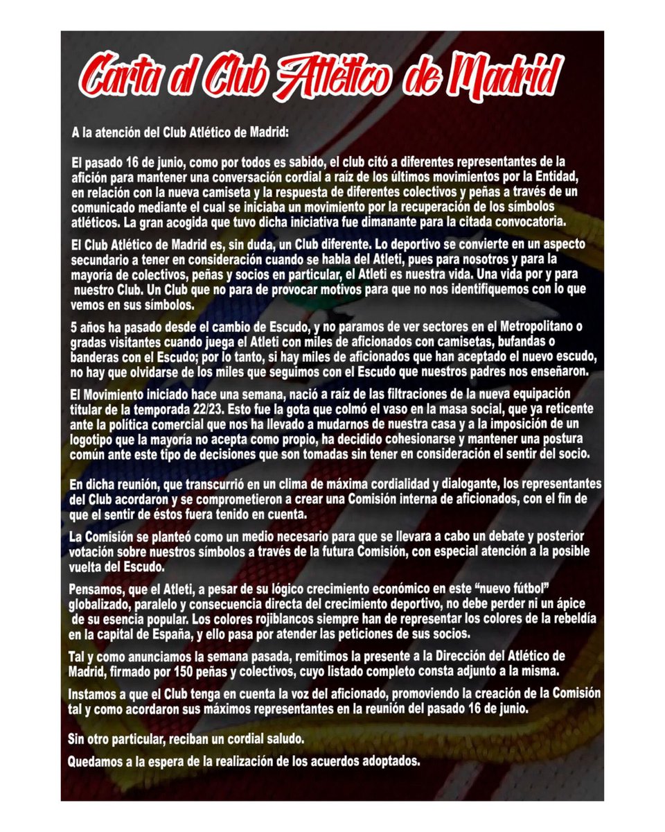 AplastaArteche's tweet photo. Nace la Plataforma @DespiertaAtleti ,  donde más de 150 peñas y colectivos nos unimos para defender al Club Atlético de Madrid, sus símbolos y la relación con su masa social para que sea escuchada y respetada. Esta es la carta que hemos enviado hoy al @Atleti. #DespiertaAtletico https://t.co/2ZTHtRgbMH