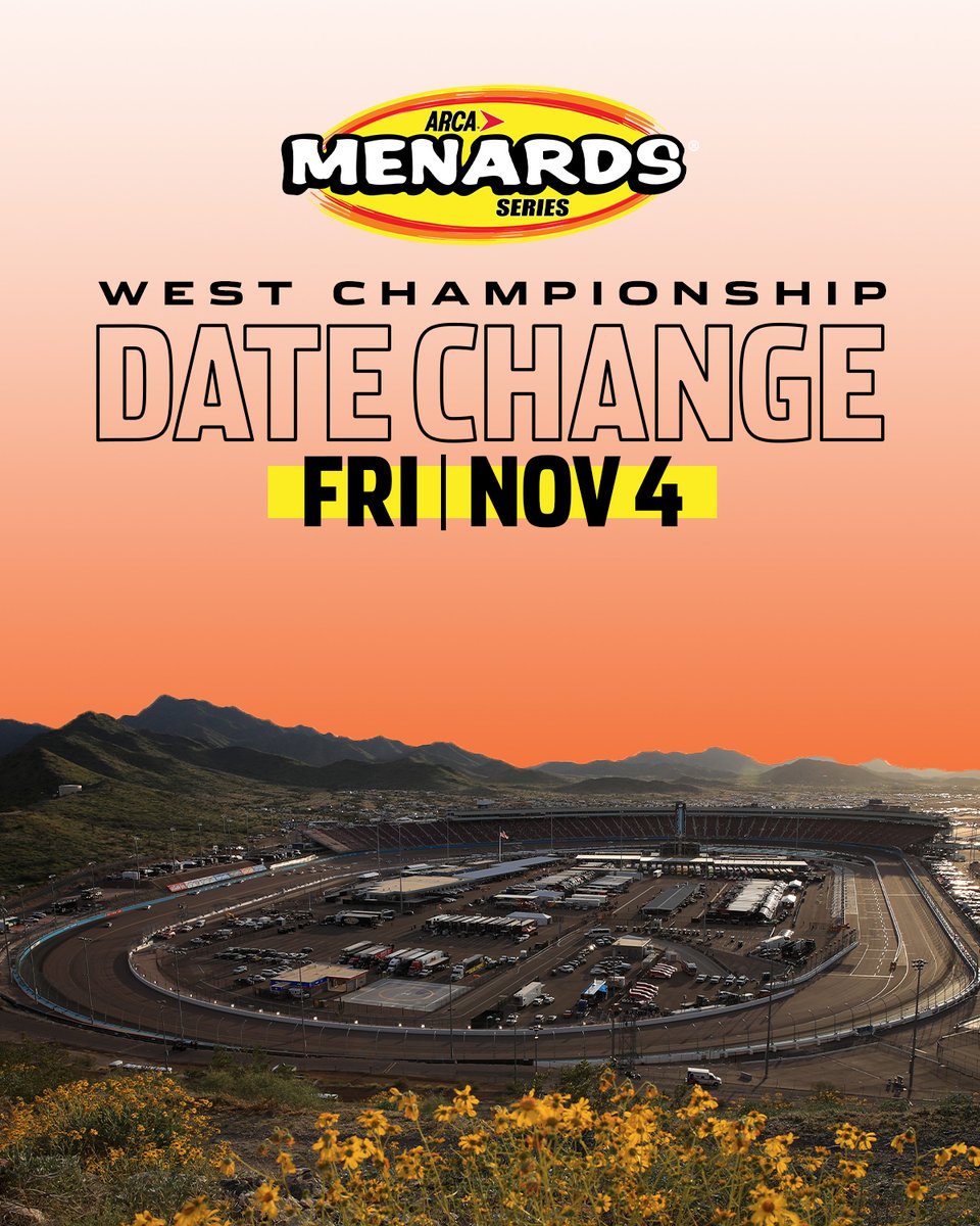 NEWS📰: The ARCA Menards Series West Championship will move one day earlier to Friday, Nov. 4!

The race will be at 11:30 a.m. MST and be shown live on FloRacing. The Lucas Oil 150, <a href="/NASCAR_Trucks/">NASCAR CRAFTSMAN Trucks</a> Championship, now moves to a 7 p.m. MST start live on FS1.