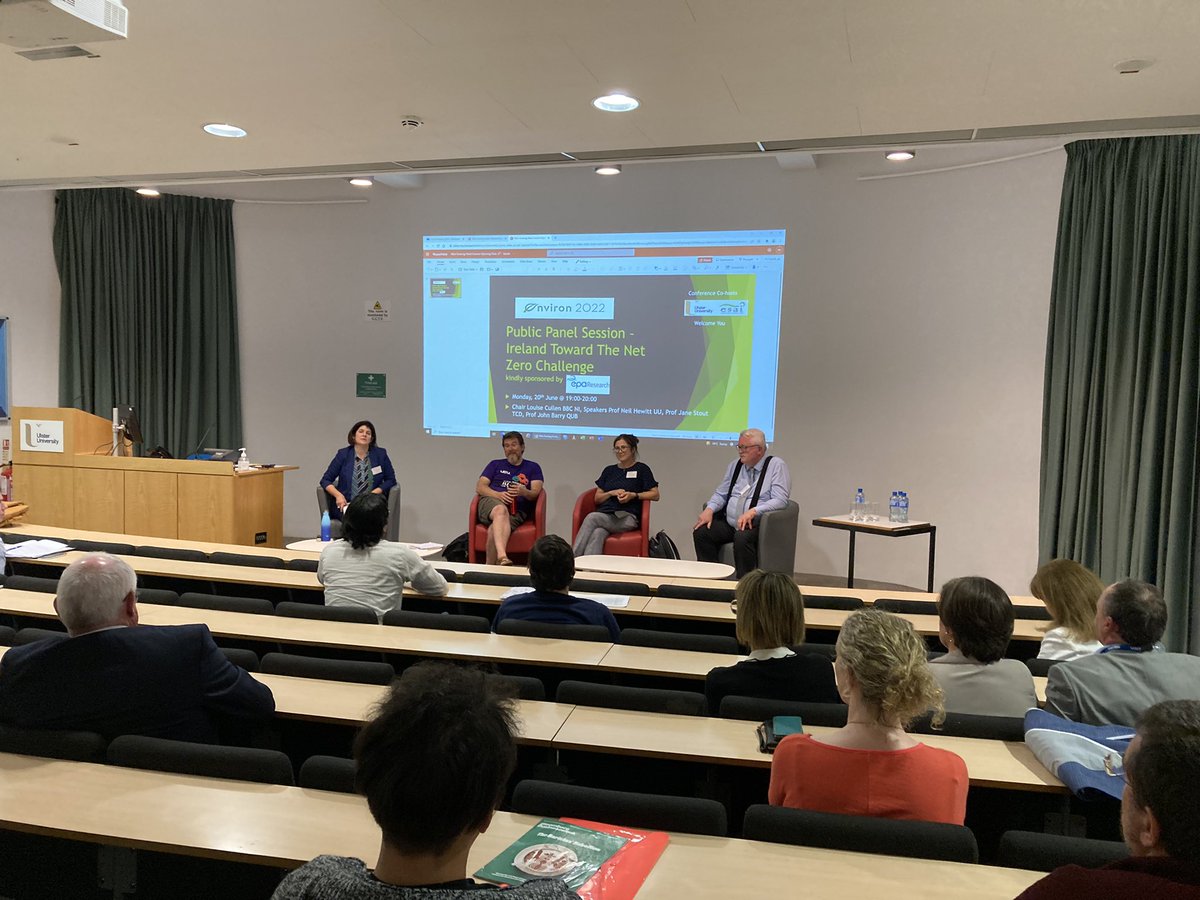 MEecoprof's tweet photo. @ESAI_Environ Ireland toward the net zero challenge debate @UlsterUni with @JaneCStout, @ProfJohnBarry &amp; @njhenergy giving their views on the #climate &amp; #biodiversity crises! #Environ2022 We need to go beyond #nonetloss and be #naturepositive! https://t.co/D58Guv0NBQ