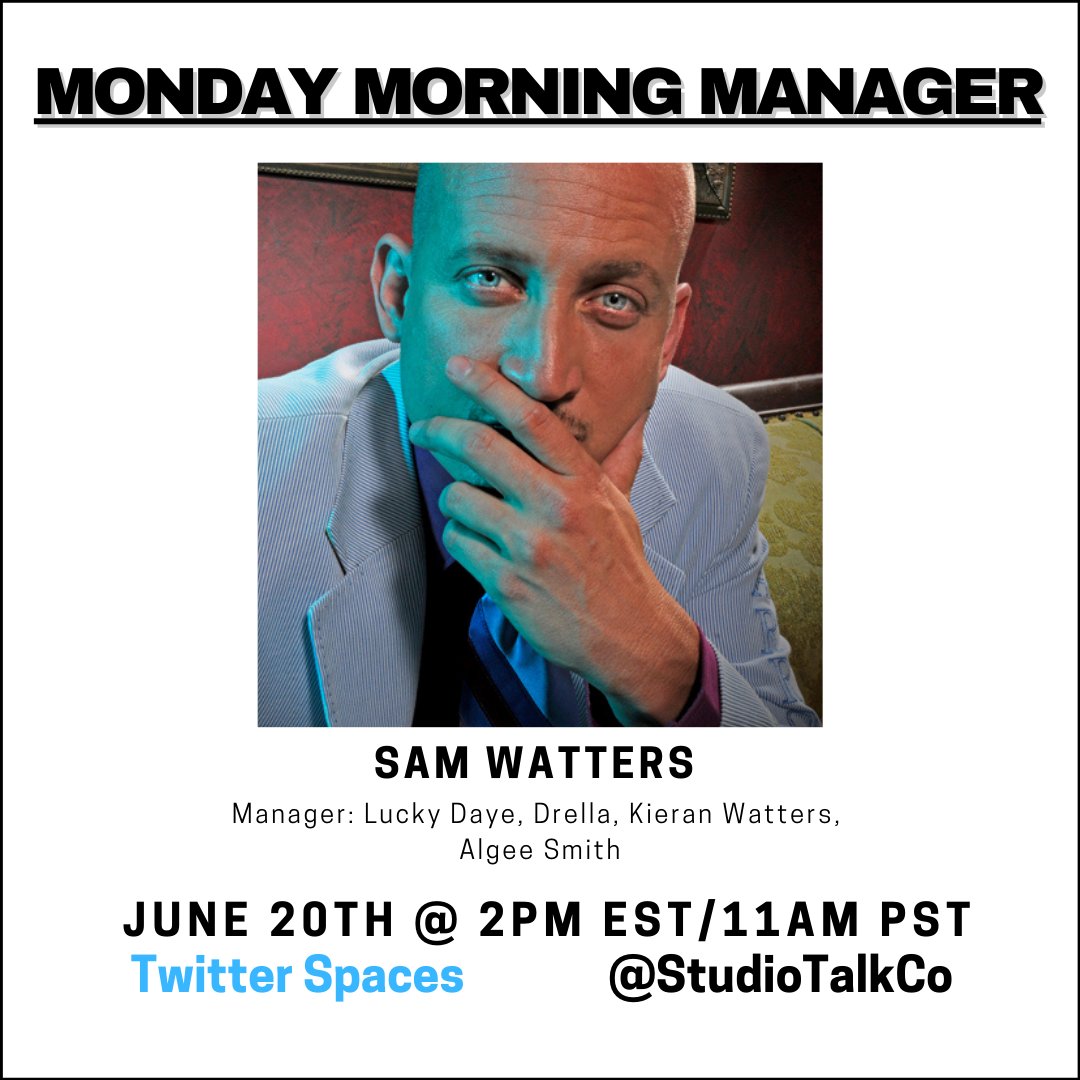 Today, <a href="/SamWatters1/">Sam Watters</a>, manager for <a href="/iamluckydaye/">Lucky Daye</a> is joining us for #MondayMorningManager. 

Lots to cover and lots to learn! Set your reminders to be a part of the conversation.

Note the time change!

TODAY at 2pm EST on Twitter Spaces