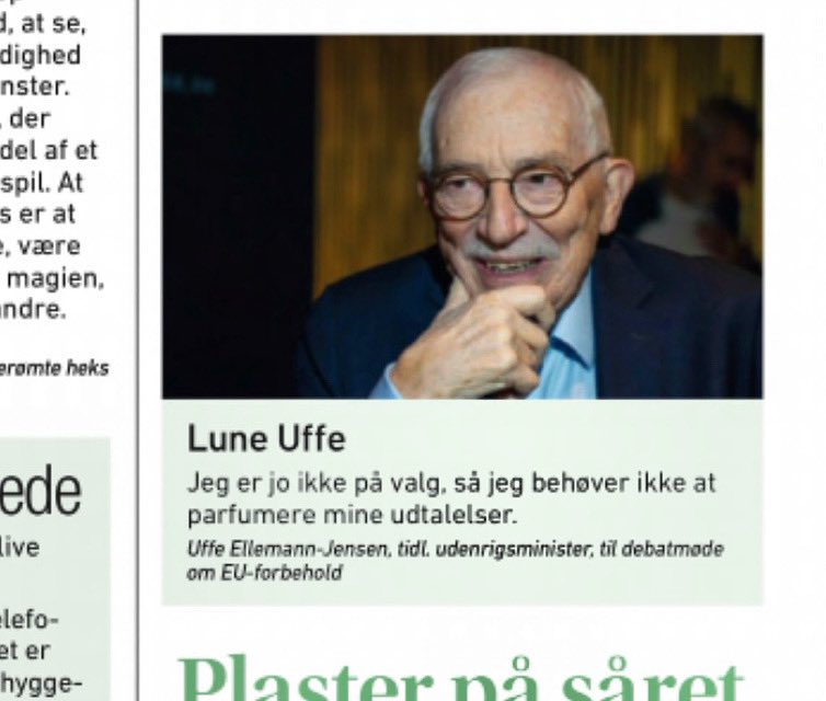 Fra denne uges “Siden Sidst”, min faste citatside i SØNDAG. Tak for vid, bid og selvironi, Uffe Ellemann. #uffeEllemannJensen