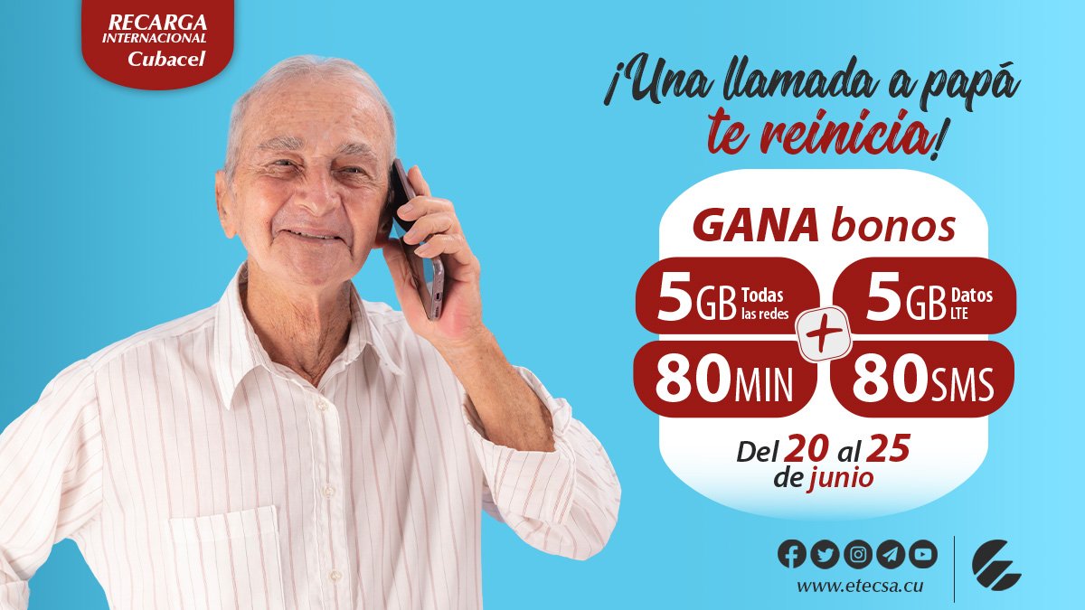 🔊 Inicia hoy #Promoción de #RecargaInternacional de @Cubacel_ETECSA 📲.
 👉 Del 20 al 25 de junio, si recibes una recarga entre 500 y 1250 CUP, el monto recargado va a tu saldo y además ganas bonos de:
✔️5GB Datos(todas las redes)
✔️5GB Datos LTE
✔️80 Minutos
✔️80 SMS