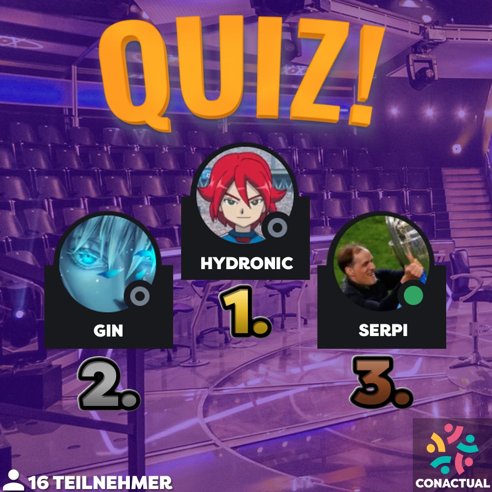 Bei unserem ersten Quiz Turnier konnte sich Kusha als Quiz Master beweisen und das Turnier für sich entscheiden! 🧠

Danke an alle Teilnehmer ♥

Herzlichen Glückwunsch 🏆

1. @HydronicYT 
2. Mastermindgin
3. <a href="/Serpi386/">Serpi</a>