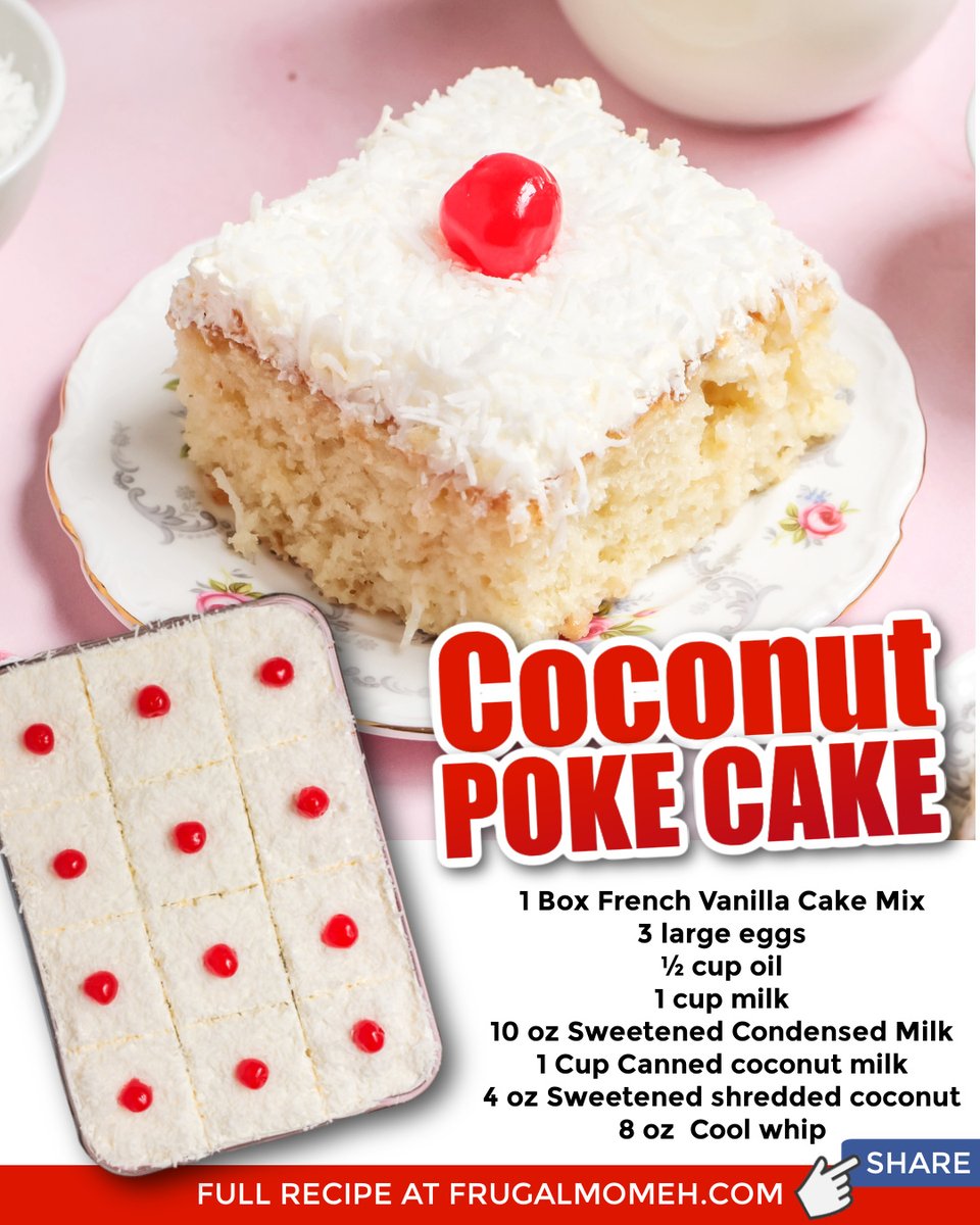 A delicious coconut poke cake recipe that is perfect for any occasion! This easy poke cake is made with coconut milk and shredded coconut.

Get the FULL recipe &gt;&gt; frugalmomeh.com/coconut-poke-c…