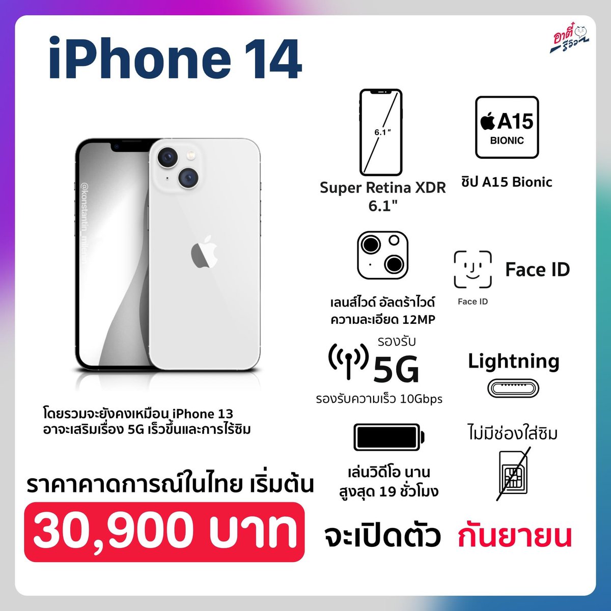 i_winnn's tweet photo. เปิดตัวประมาณเดือนกันยายน 2565

iPhone 14 ราคาเริ่มต้น 30,900 บาท
iPhone 14 Max ราคาเริ่มต้น 34,900 บาท
iPhone 14 Pro ราคาเริ่มต้น 39,900 บาท
iPhone 14 Pro Max ราคาเริ่มต้น 43,900 บาท

มาพร้อมกับ “รอยบากแบบใหม่”

หมายเหตุ: ราคาข้างต้น เป็นราคาประมาณการณ์ https://t.co/MbAumZ3QHo