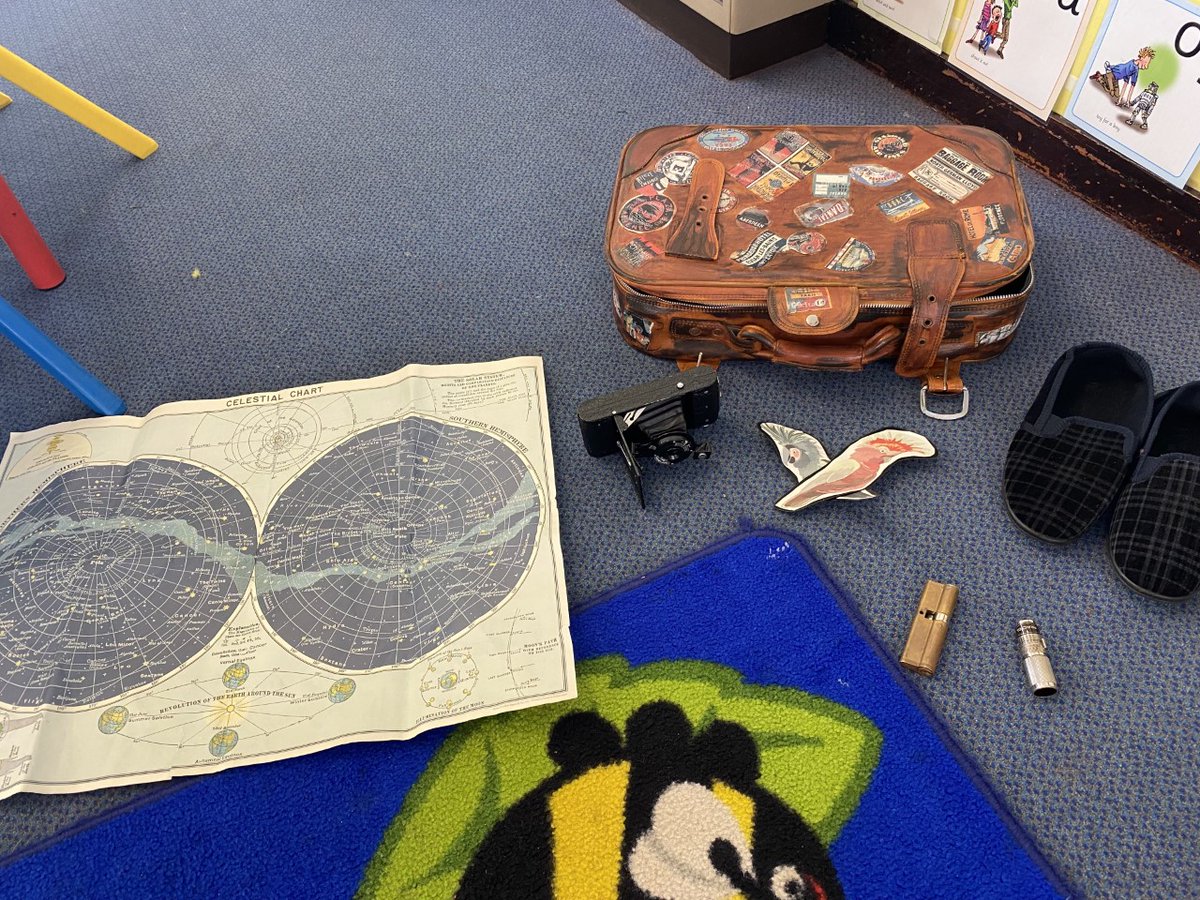 goodyers_end's tweet photo. This week in Reception, a suitcase appeared in the classroom with numerous items in including slippers, a map and a camera. We have predicted who the suitcase might belong to and why they decided to pack the items they chose! #ReceptionTweet https://t.co/9ESrM4Euv0