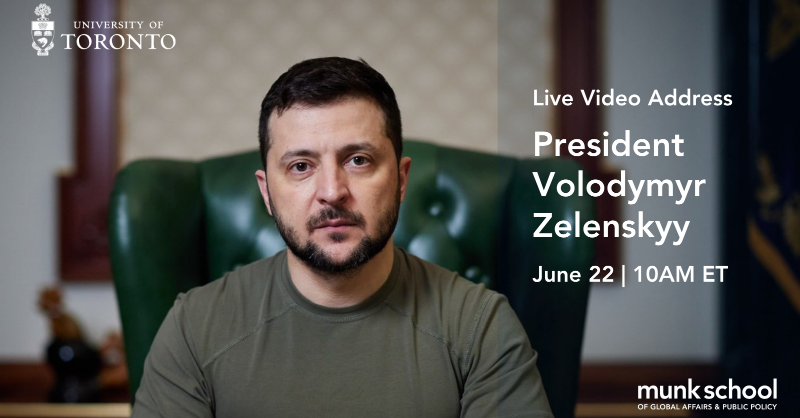 WesternU's tweet photo. On June 22 at 10 a.m. ET, #WesternU will take part in an interactive online event with @ZelenskyyUa, who will deliver a video address to students across Canada, hosted by @UofT. Visit @munkschool's YouTube channel to stream this live event.
