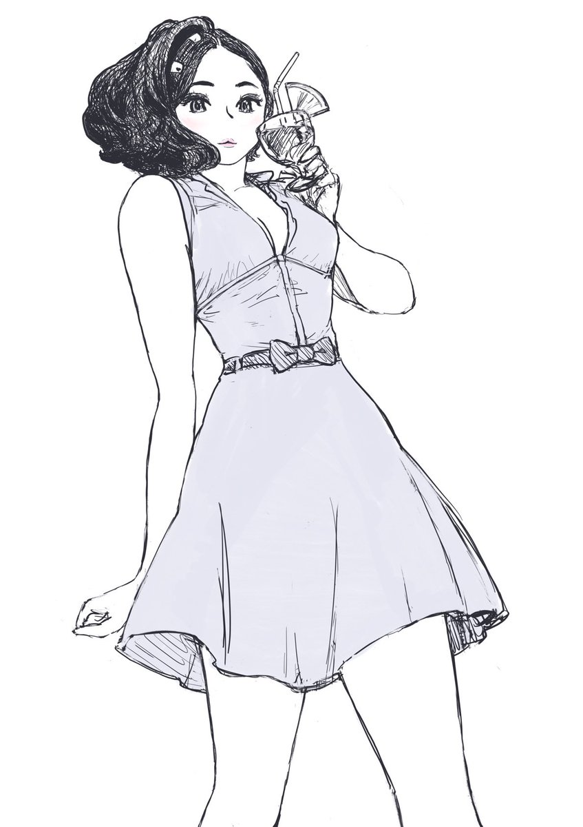 配信で描いたビーチでカクテル見栄さんスケッチ。お胸がいっぱい。 