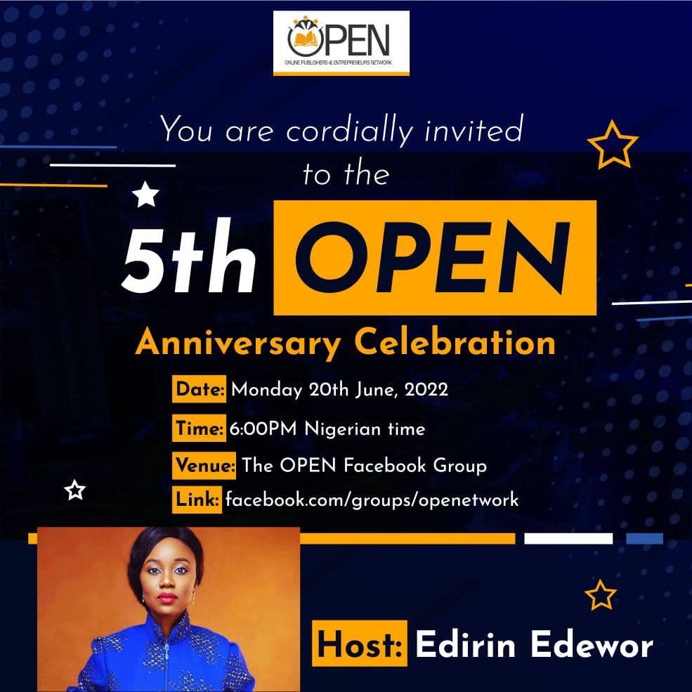 Online Publishers and Entrepreneurs Network (OPEN), a community I started in 2017, turns 5 years today. Super proud of myself, my team and our community members fondly referred to as OPENers. If you see tweets with the hashtags #OPENetwork and #OPENat5 on your timeline, pls RT.