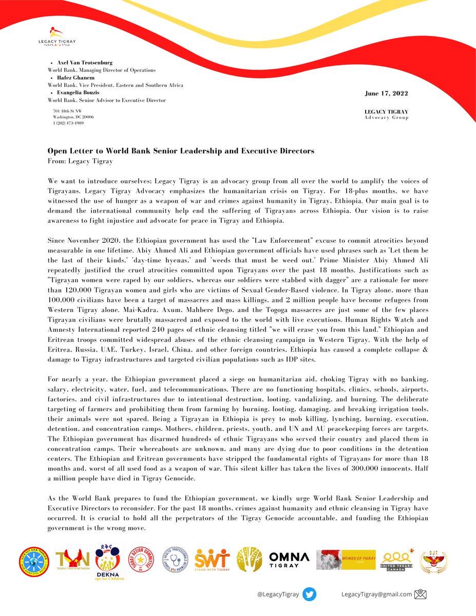 We ask IC to put a stop to #TigrayGenocide taking place in Tigray for 593 days. 
Open letter to @WorldBank to reconsider funding the Ethiopian gov't and Demand action to end the Genocidal war & Humanitarian crisis. @DavidMalpassWBG @AxelVT_WB @HafezGhanem_WB @EUCouncil @StateDept