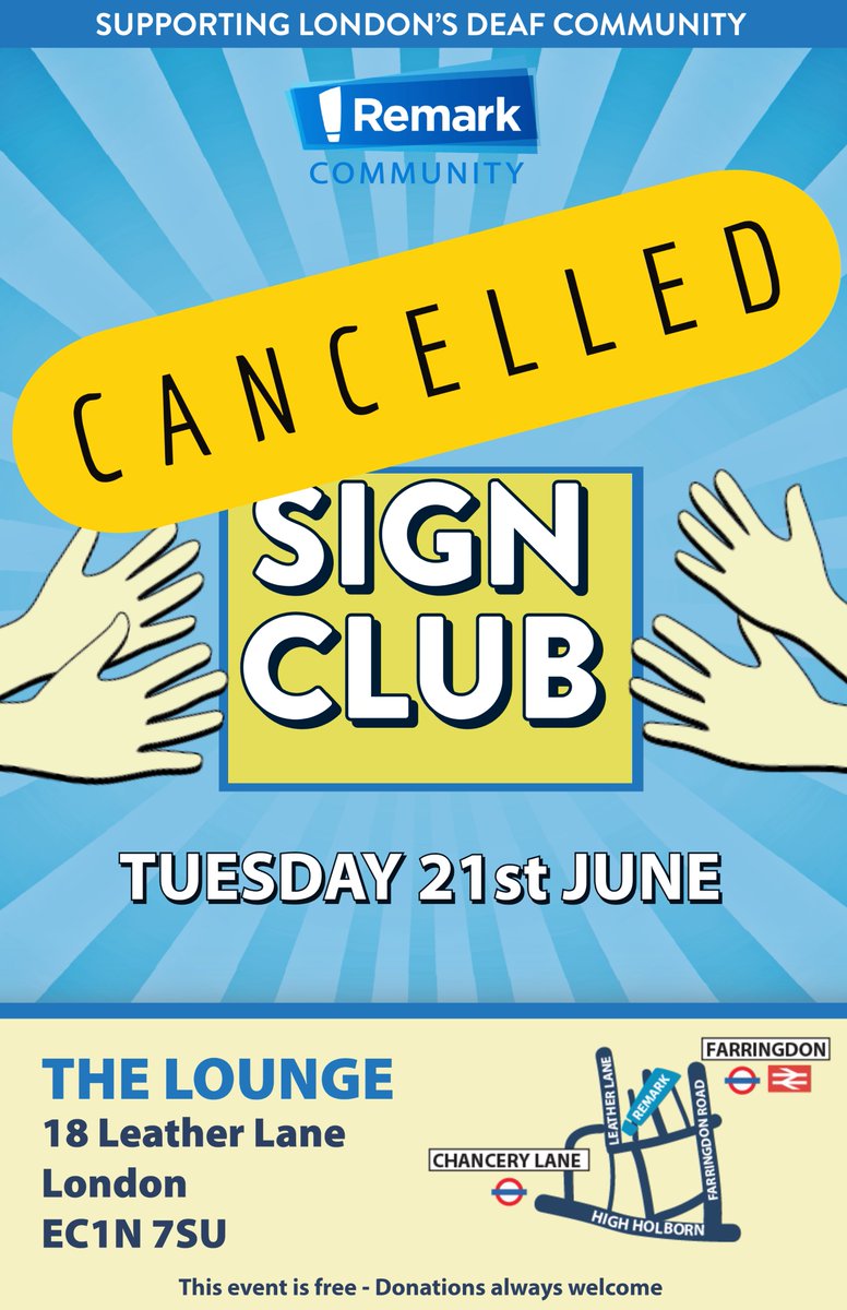 Remark_UK's tweet photo. It is with regret to inform you that our Sign club will not be running tomorrow due to RMT Strikes.

We look forward to welcoming you all back next week!

#SignClub https://t.co/ZAtf1ZYXTZ