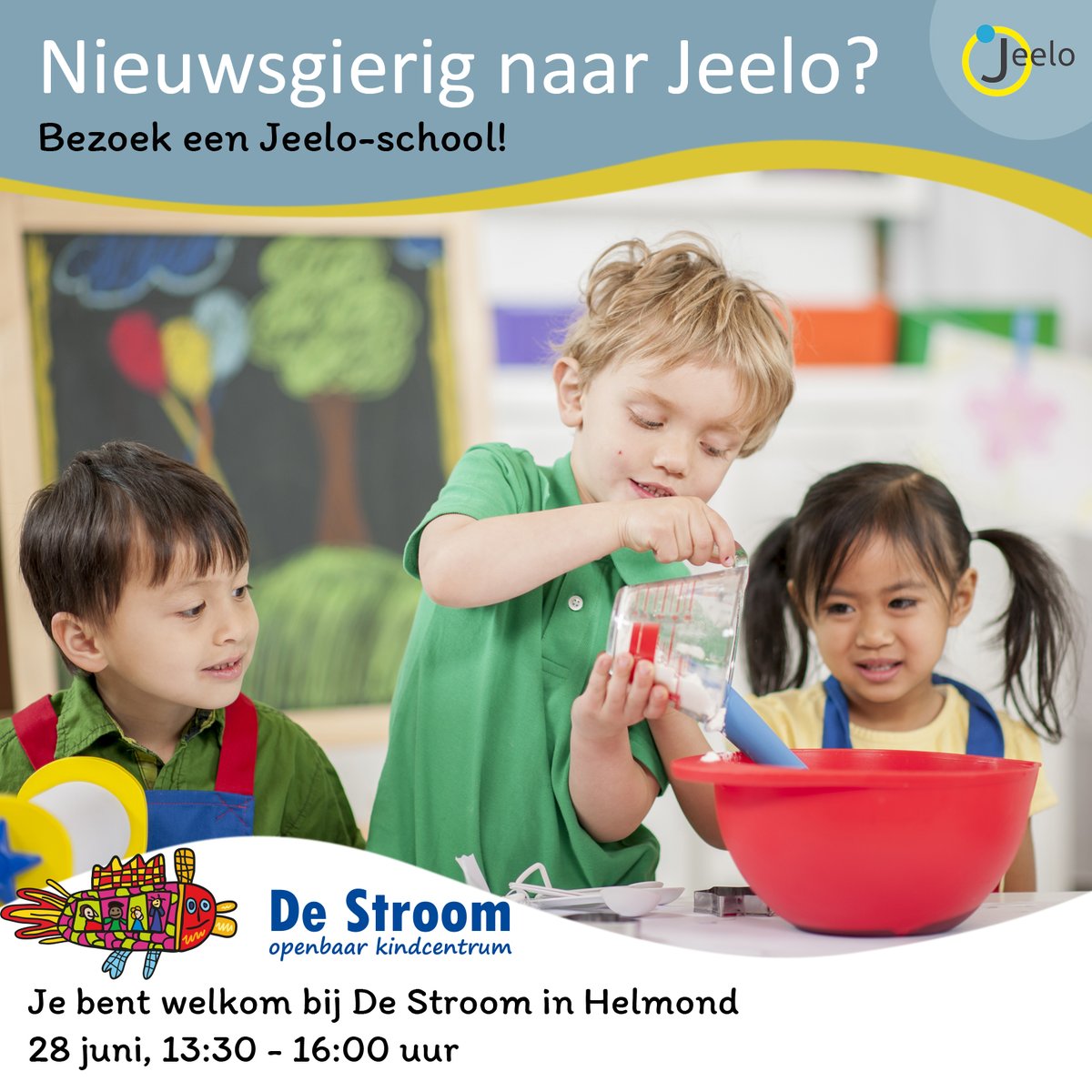 Schoolbreed aan hetzelfde project werken? Wil je Jeelo in de praktijk ervaren? Wil de ervaringsverhalen van een school horen? Overweeg je met Jeelo te gaan werken? Kom dan op dinsdag 28 juni naar Kindcentrum De Stroom in Helmond!
Schrijf je in: jeelo.nl/doe-mee/