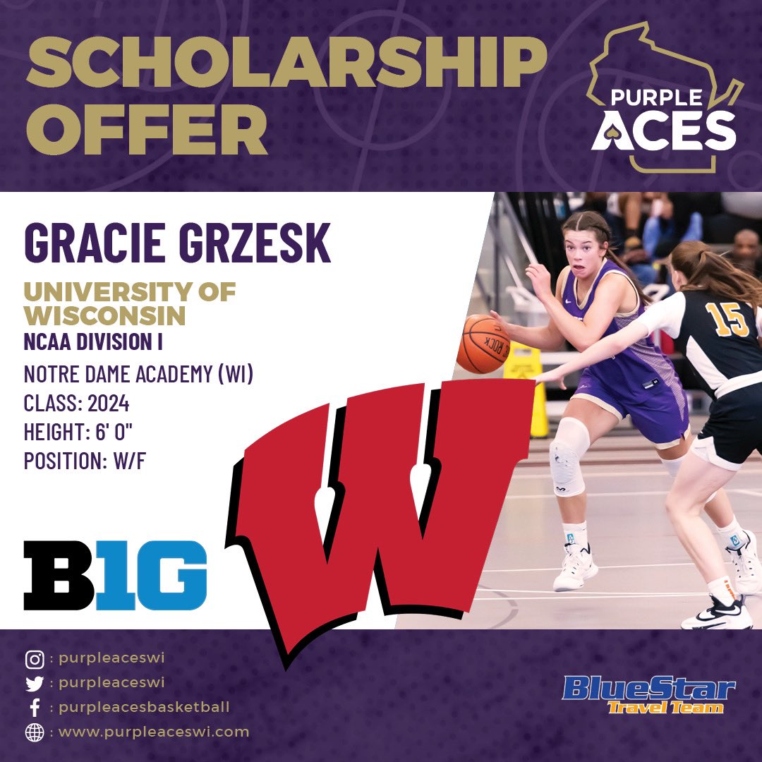 2024 6’0” W/F Gracie Grzesk earned a <a href="/NCAA/">NCAA</a> Division-I scholarship offer from Head Coach Marisa Moseley and the University of Wisconsin Badgers of the Big Ten Conference❗️

💜♠️#AcesEarnIt #PlayAces #BIG10