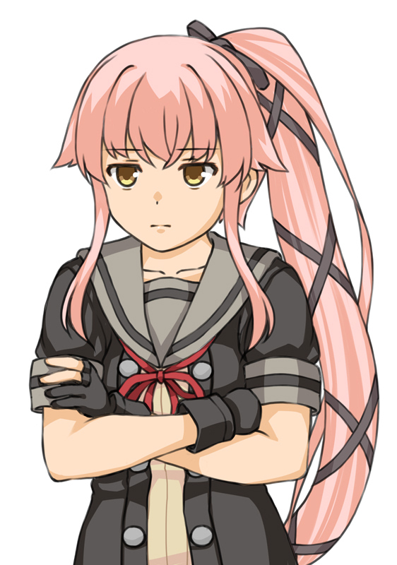 yura (kancolle) 1girl solo long hair grey sailor collar pink hair ribbon gloves  illustration images