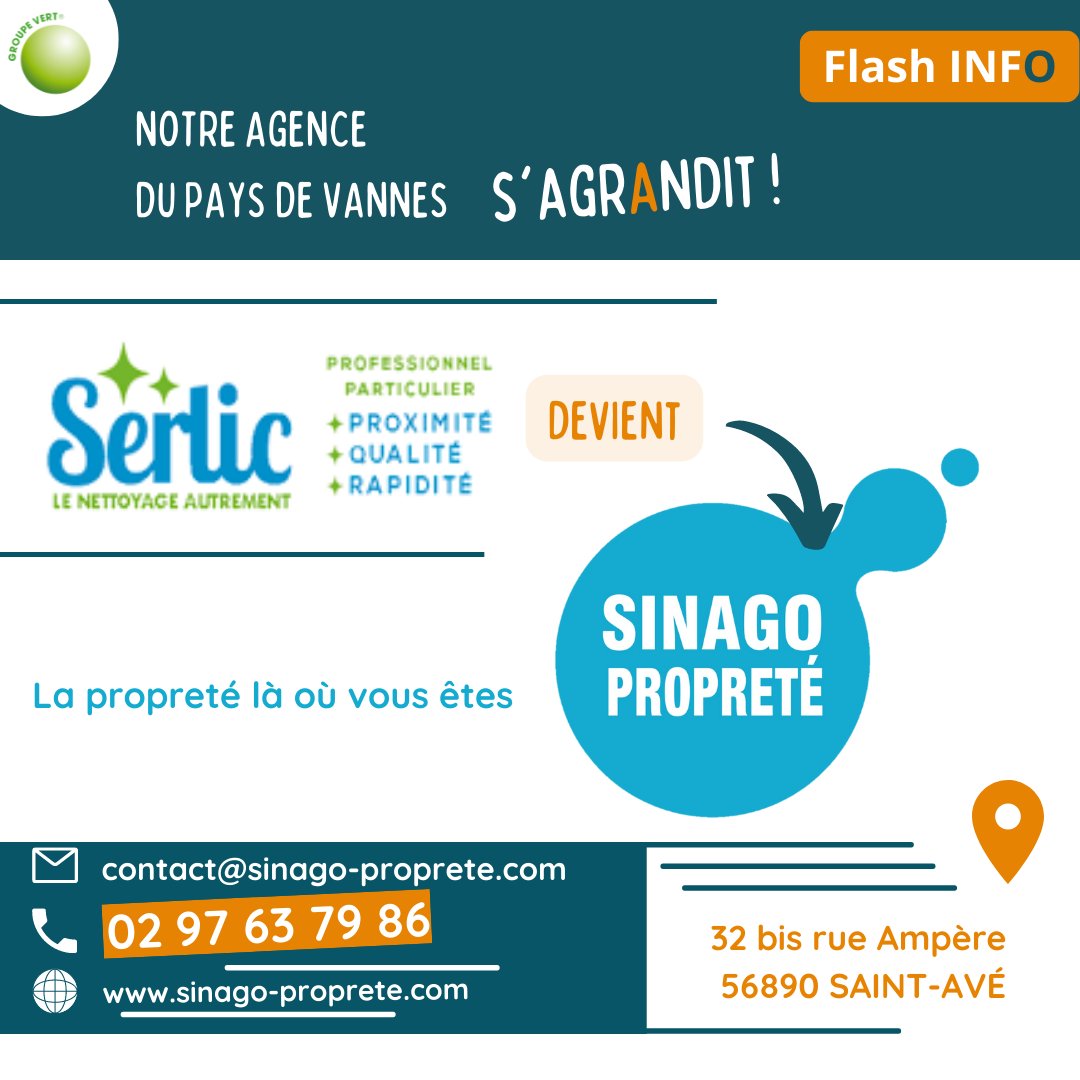 groupe_vert's tweet image. BRIAAC / SERLIC devient SINAGO PROPRETÉ !

👉 Sinago Propreté 
La propreté là où vous êtes
02 97 63 79 86
contact@sinago-proprete.com
sinago-proprete.com
32 bis rue Ampère - 56890 Saint-Avé
#vannes #rachat #societe #nettoyage #bretagne