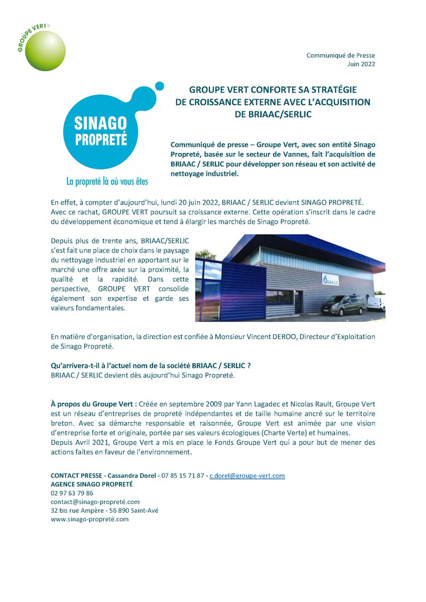 groupe_vert's tweet image. BRIAAC / SERLIC devient SINAGO PROPRETÉ !

👉 Sinago Propreté 
La propreté là où vous êtes
02 97 63 79 86
contact@sinago-proprete.com
sinago-proprete.com
32 bis rue Ampère - 56890 Saint-Avé
#vannes #rachat #societe #nettoyage #bretagne