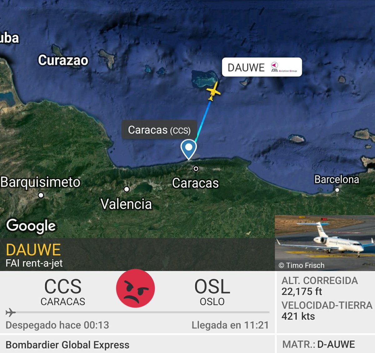 Arr3ch0's tweet photo. El FAI Rent-A-Jet matrícula D-AUWE que llegó ayer a Maiquetía procedente de Ibiza salió hace minutos indicando destino Oslo, Noruega.
#DAUWE https://t.co/FmTl8yYdLU