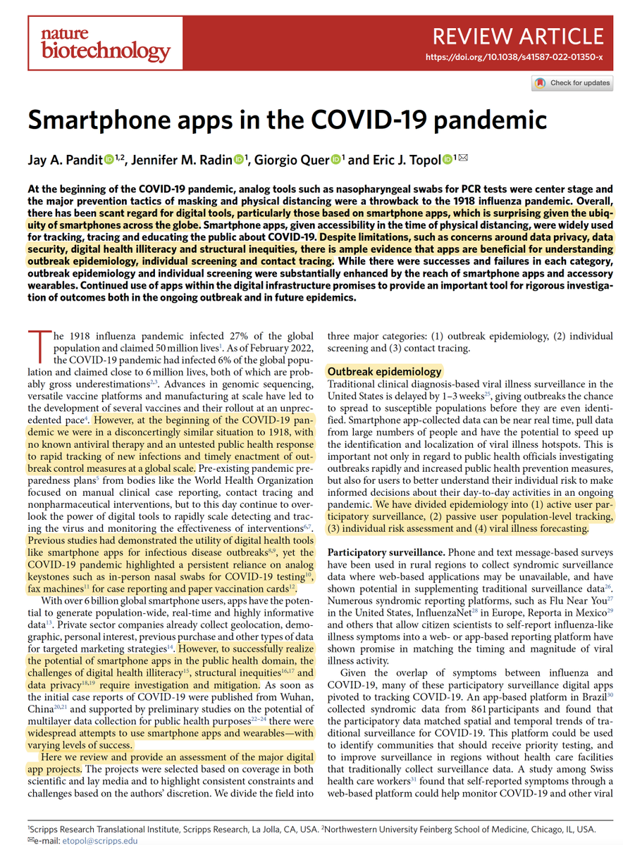 EricTopol's tweet photo. Just published @NatureBiotech
Our review of smartphone apps for Covid-19: outbreak epidemiology, individual screening, contact tracing and their future
by @JayPandit @jmradin @GiorgioQuer @ScrippsRTI @scrippsresearch 
https://t.co/NswHMmNmRl https://t.co/9pNO2VCnde