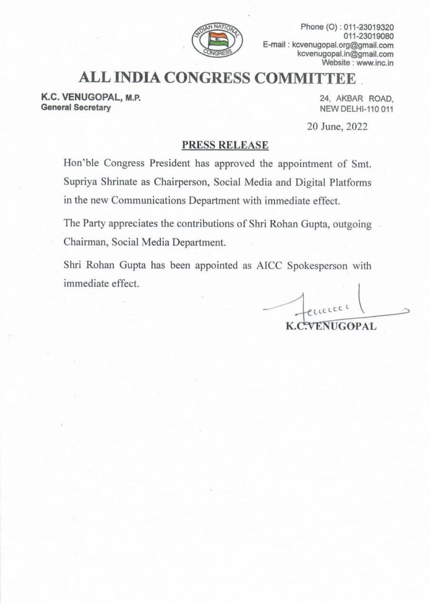 srinivasiyc's tweet photo. Hearty congratulations to @SupriyaShrinate ji for being appointed as Chairperson, Social Media &amp; Digital platforms in the new communication department.

Best Wishes Supriya ji! https://t.co/ZLeizrJFz1