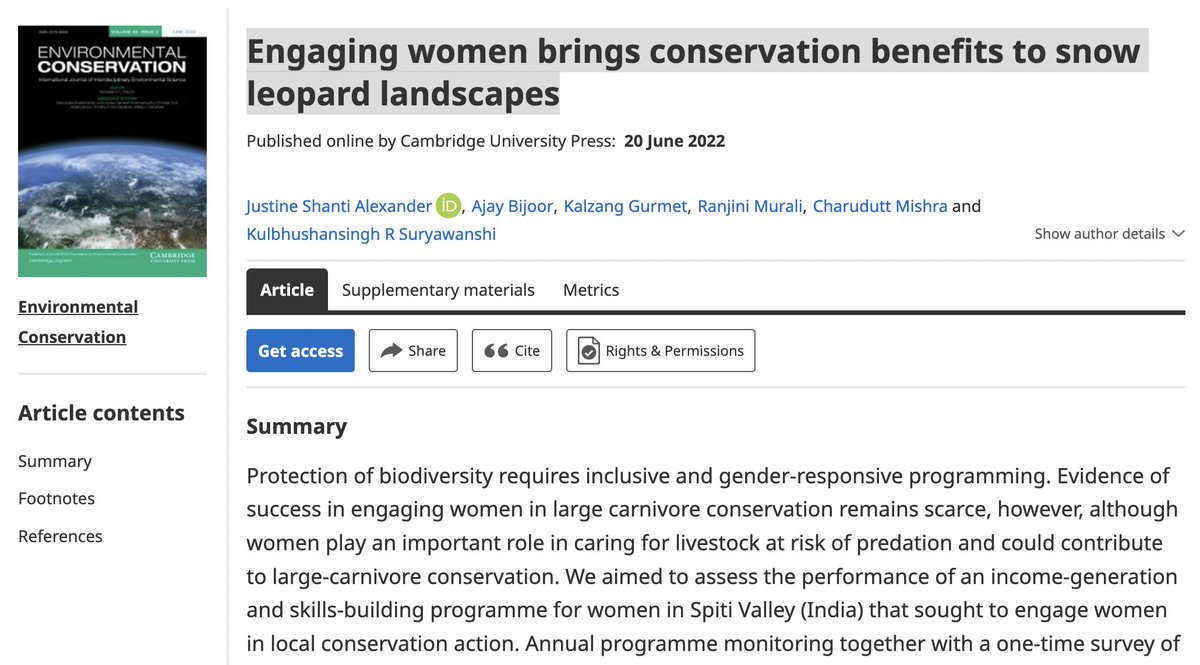 "Engaging women brings conservation benefits to snow leopard landscapes" today published in <a href="/EnvConsJournal/">Environmental Conservation</a>!

Joint 1st author w/ Ajay Bijoor @snowleopard_ncf <a href="/ncfindia/">Nature Conservation Foundation</a> &amp; coauthors <a href="/ran_murali/">Ranjini Murali</a> @ksuryawanshi+colleagues 

1st of many on #WomeninConservation

cambridge.org/core/journals/…