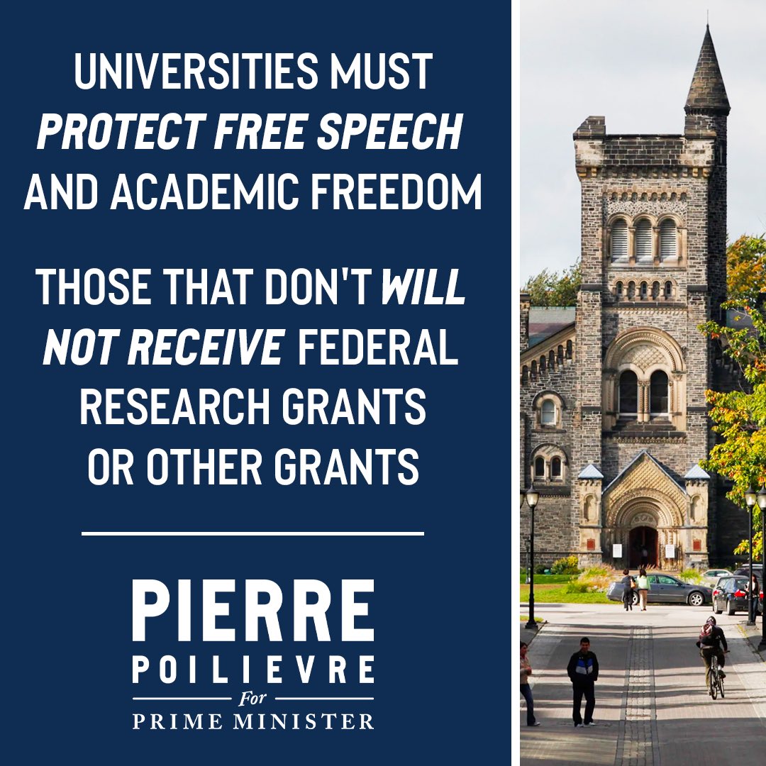 My message to universities:

Protect free speech and academic freedom to keep federal grants.

I will appoint a Free Speech Guardian, a retired judge, to ensure academic freedom is defended.

pierre4pm.ca/poilievre_will…