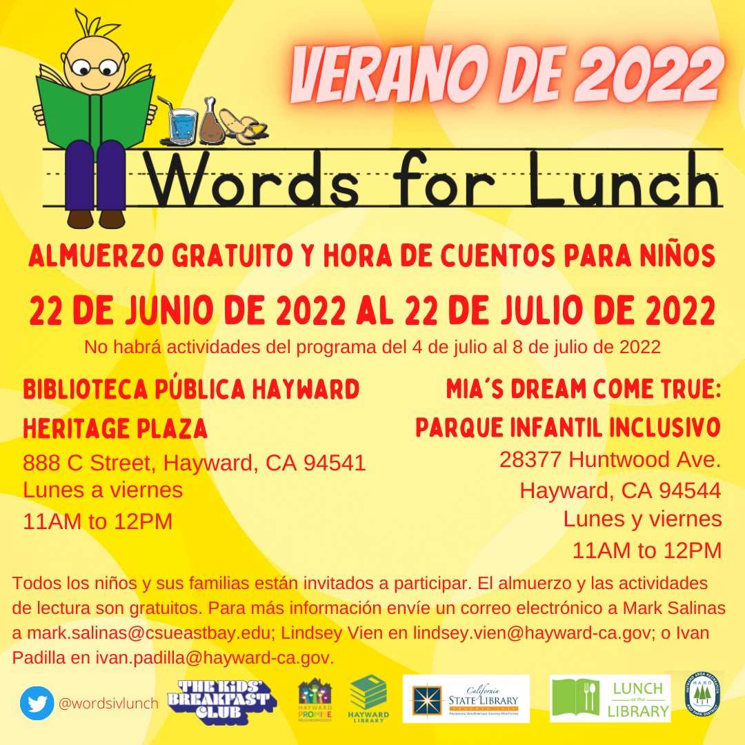 wordsivlunch's tweet photo. Words for Lunch starts this Wednesday, June 22.  Kids will receive a free lunch and participate in reading activities.  Hayward Pubic Library\Hayward Heritage Plaza and Mia's Dream Come True: All Abilities Playground.  11:00AM to 12:00PM. https://t.co/CyoRMeTkAy