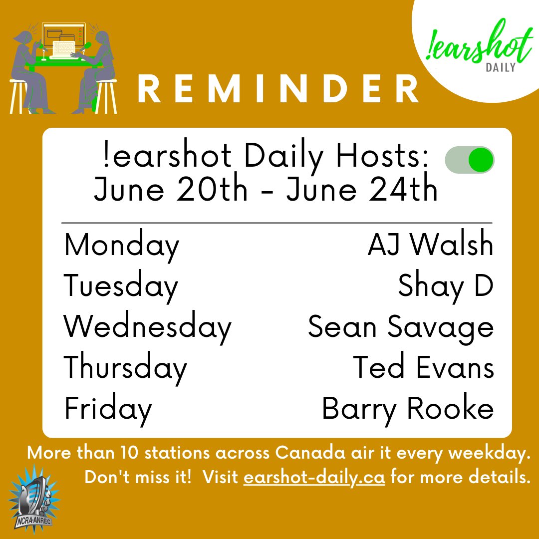 Look forward to hearing some amazing songs from artists like <a href="/robinhatch/">Robin Hatch</a>, @Melotikamusic, <a href="/LarryFolk/">Larry Folk</a>, <a href="/MichaelRault/">Michael Rault</a>, <a href="/corvettesunset/">The Corvette Sunset</a>, <a href="/SylviaPlatters/">The Sylvia Platters</a> and more being played this week on daily.ncra.ca/?page_id=40 #earshotdistro #earshotdaily #radio #canadianartist