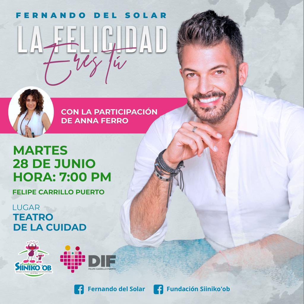 Es hora de sumar esfuerzos por la niñez de la #zonamaya de Quintana Roo y atender los trastornos del neurodesarrollo. ¡Asiste a la conferencia “La Felicidad eres tu”! Con <a href="/Fer_DelSolar/">Fernando Del Solar</a> y <a href="/AAnna29238195/">Anna</a>.
Boletos en <a href="/dif_fcpto/">DIF Felipe C. Pto.</a>
Vía <a href="/Siinikoob/">Fundación Siinikoob</a> 👇🏻