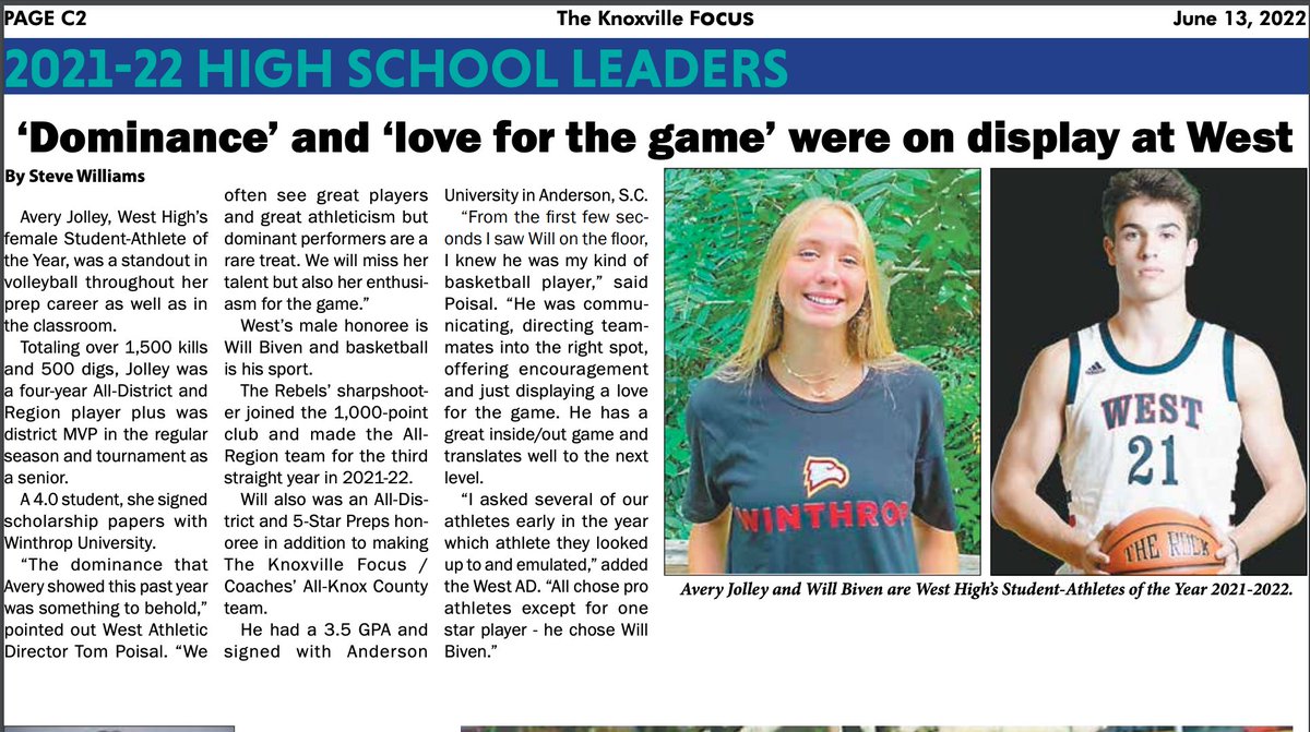 TomPoisal's tweet photo. Thank you to @KnoxFocus and Steve Williams for the outstanding write-up honoring the West HS Student-Athletes of the Year, Avery Jolley &amp; Will Biven! @Westrebelsports @LeslieAMuse @RussellBivenTV @LLcoachJ10 @westrebelshoops 
https://t.co/rrkbb62fXx

#OneWest https://t.co/o09Ry8QA5x