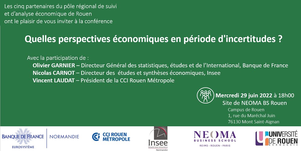 Les 5 partenaires du pôle régional de suivi et d’analyse économique de Rouen ont le plaisir de vous inviter à la conférence 
QUELLES PERSPECTIVES économiques en période d’incertitudes ? Mercredi 29 juin à 18h 
Inscription sur banque-france.fr/webform/quelle…