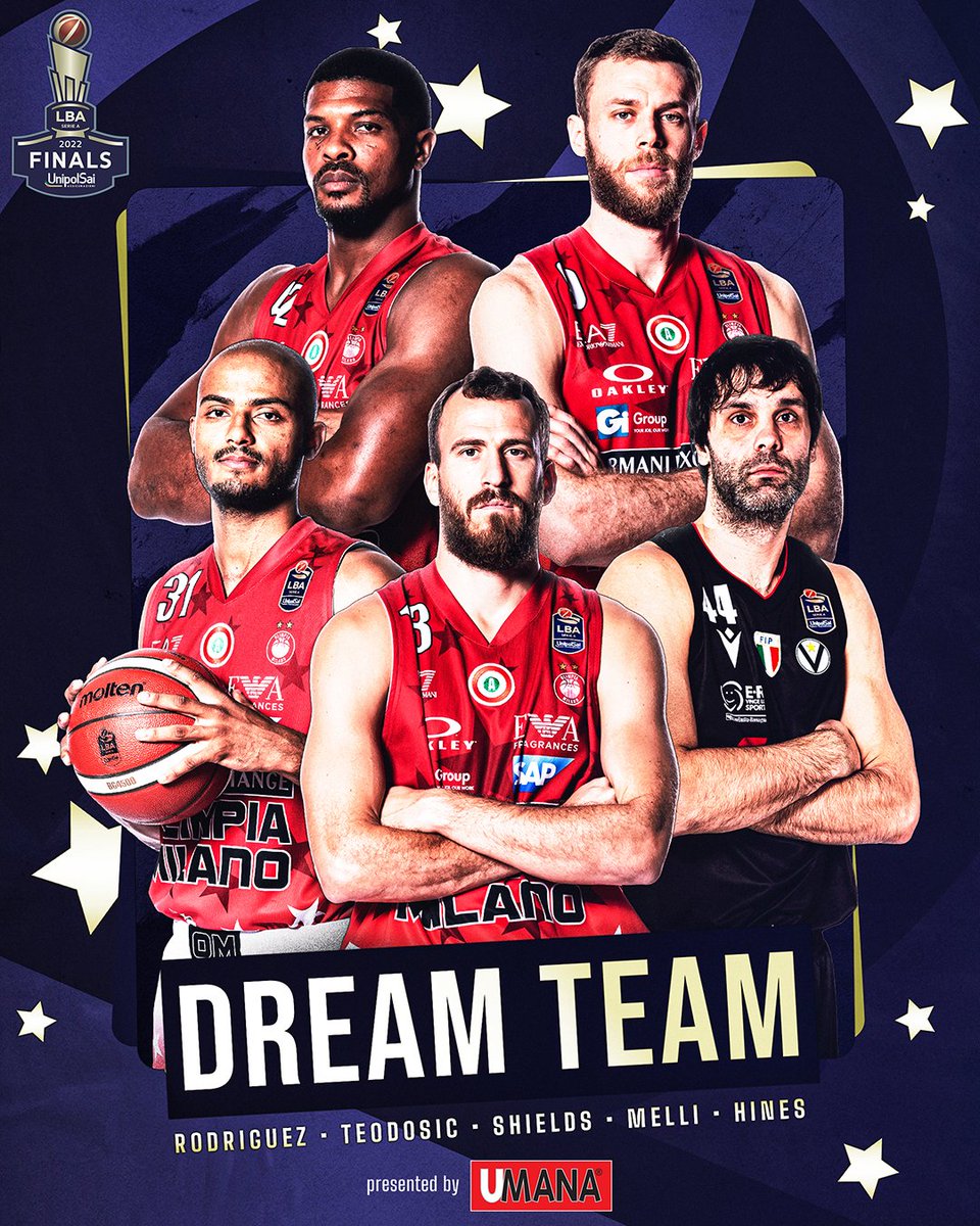 LegaBasketA's tweet photo. Il ๐ DREAM TEAM UMANA ๐ delle #LBAFinals2022!
@SergioRodriguez - @MilosTeodosic4 - @shields3uno - @NikMelli - @SirHines ๐คฉ
#ThisIsWhatWePlayFor https://t.co/cKhFJJSqsT