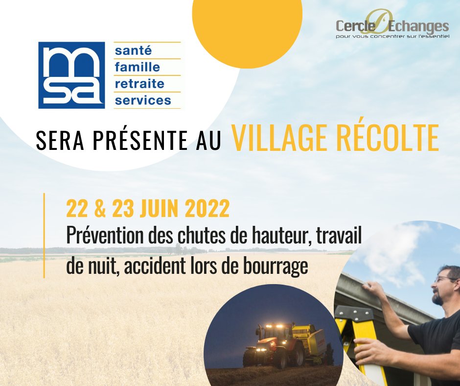 CercledEchanges's tweet image. La @msa_actu sera également parmi nous lors de Village Récolte les 22 et 23 juin ! 
Ils évoqueront avec vous les sujets du travail du nuit, des risques de chute lors du travail en hauteur, des risques d&apos;accident lors de bourrages, etc... ⚠️
Plus d&apos;infos : fb.me/e/1uHihJthK