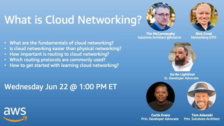 labeveryday's tweet photo. Super excited to host the first @awsdevelopers "Cloud Networking" #TwitterSpace

Session Title: "What is Cloud Networking?"

Speakers: @juangolbez @curtEYEvan @NickCoval and @spanning_T 

When: 📆 June 22nd, 1 PM ET 

Link: https://t.co/jcdDQcM7fJ https://t.co/Y3dvKAhBTo