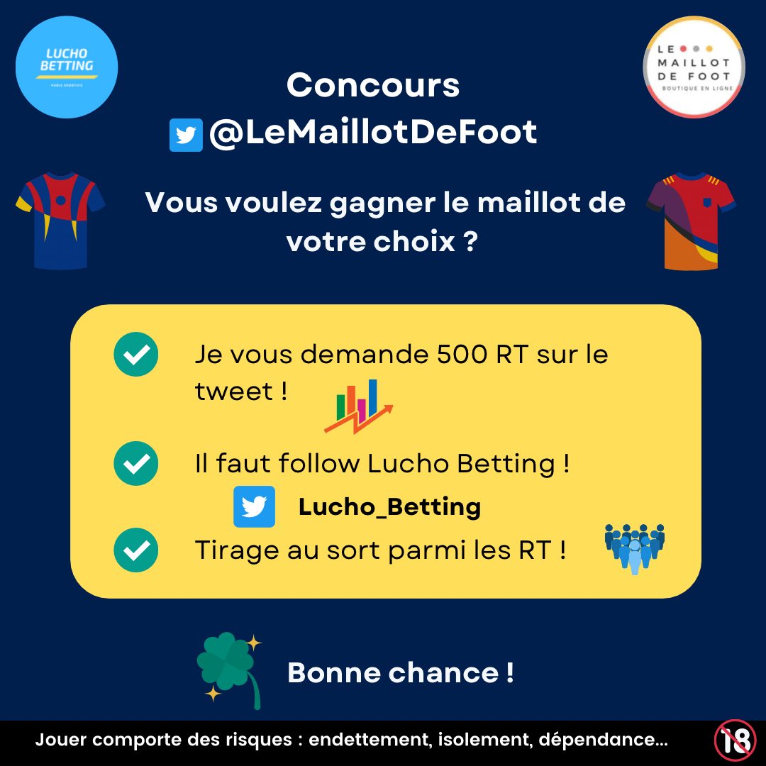 Lucho_Tennis's tweet photo. CONCOURS 🍀 

Avec @LeMaillotDeFoot, on vous fait gagner le maillot de votre choix ! 🔥

📌 Les conditions 

♻️ RT ce tweet pour participer au concours ! 

👤 FOLLOW @Lucho_Betting ✅

📊 À 500 RT ♻️, le tirage sera effectué parmi les retweets ! 

Bonne chance 🍀 

#TeamParieur https://t.co/eJfstbVxQE