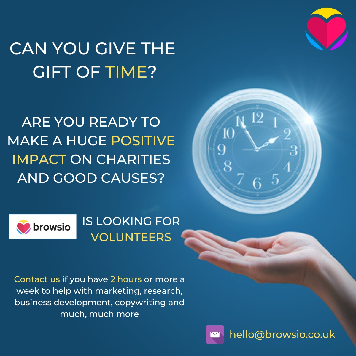 Browsio1's tweet photo. Can you give the gift of time to support charities and good causes ?
We are looking for volunteers .
#charityvolunteers #browsio #charityjobs #charities https://t.co/8IosX9Gkw3