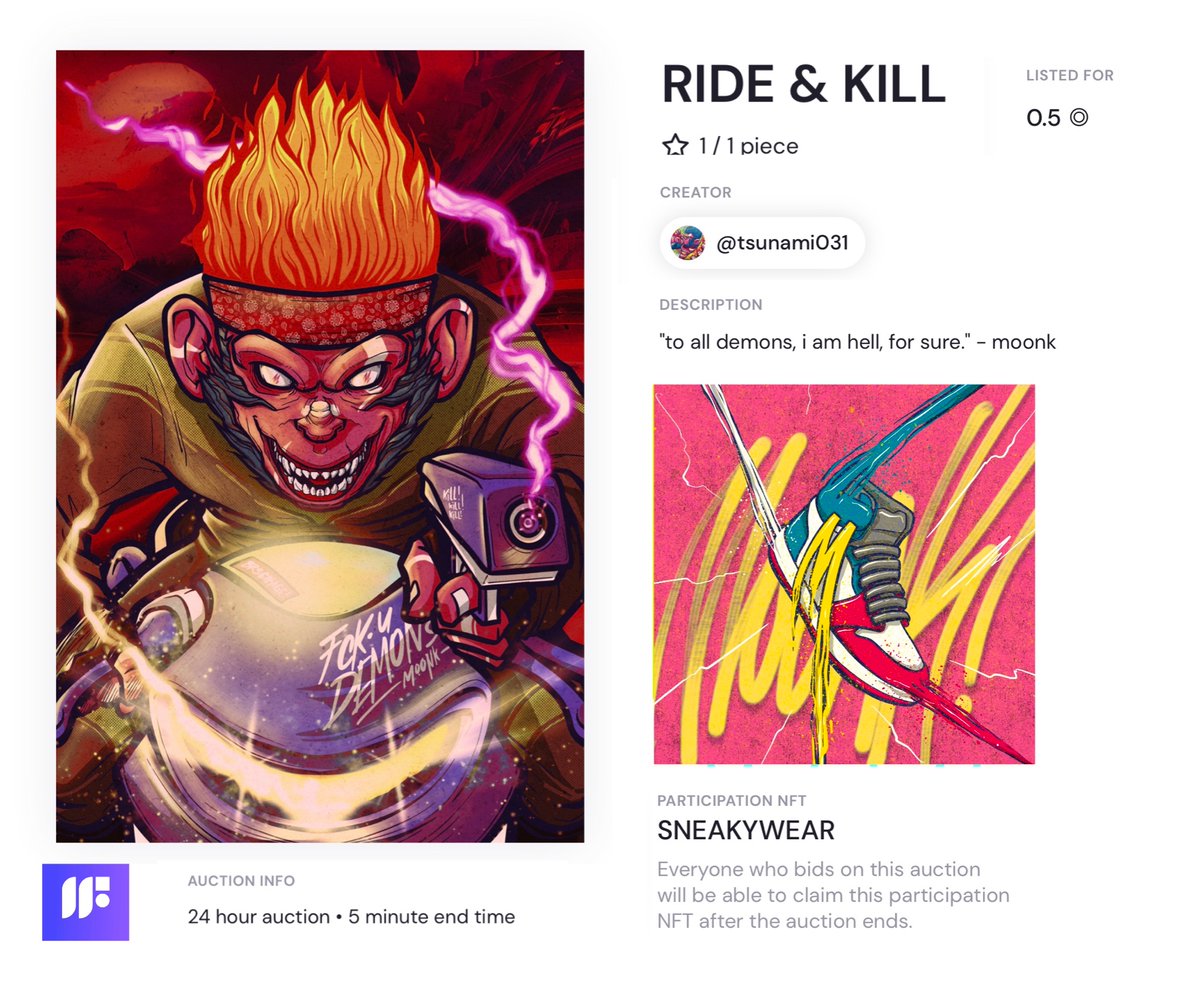 tsunami031's tweet image. 🚨1/1 AUCTION ALERT with pNFT🚨
-
main NFT : "RIDE &amp;amp; KILL"
free pNFT for all bidders : "SNEAKYWEAR"
-
auction reserve : 0.5◎ 
for 24 hours on @formfunction
-
formfunction.xyz/@tsunami031/9Z… 
-
#SolanaNFT #formfunction #solana #NFT #NFTs #NFTcommunity #formfunction 
@NFTindonesia_