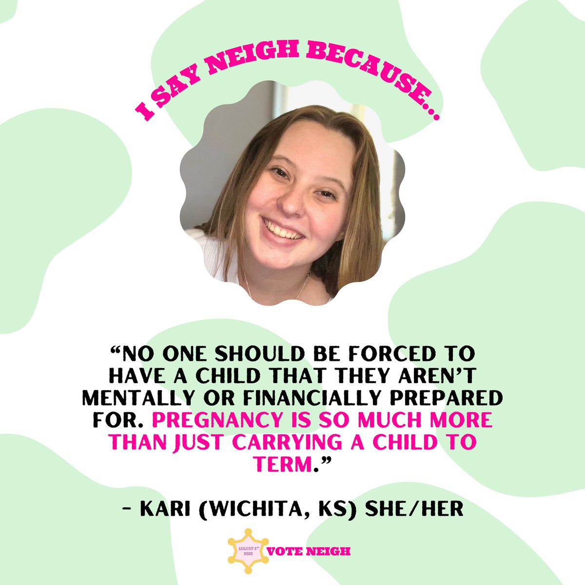 KSVoteNeigh's tweet photo. 🐮Kari from Wichita tells us why she voting NO on August 2nd:
Will you join her in protecting birthing folks’ rights in our state?
🗳 Register RIGHT NOW at https://t.co/O3EDHLihJT
#ksleg #abortion #abortionrights #votenoaugust2 #voteneigh #isayneigh #reprojustice #roe https://t.co/eyTiWNuQfE