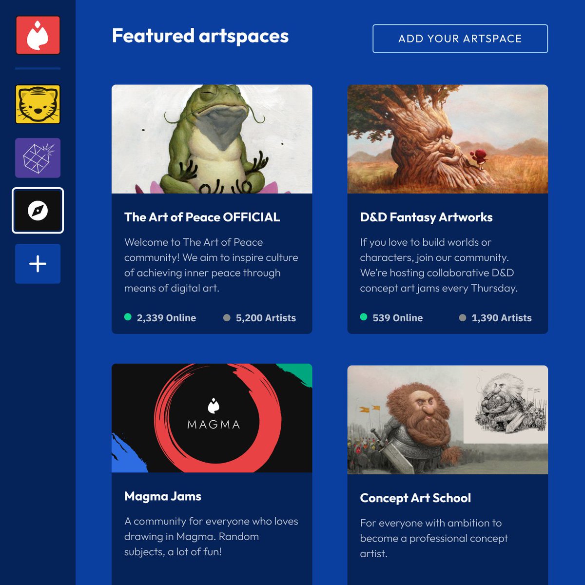 magma_com's tweet photo. 🔥 From now on in Magma #Artspaces, you'll be able to find existing art groups to join or start your own community.
Whether you're looking for a place to #share your artwork, or just #find like-minded artists with whom you can #draw together, it's never been easier to #connect! https://t.co/jBkLAMl4QB