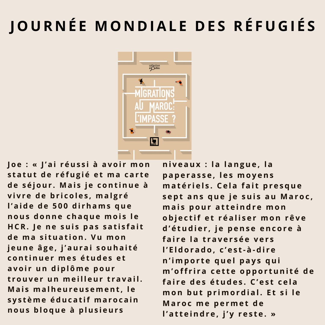 Etlettres's tweet photo. @YasmineBouchfar a recueilli quelques « Paroles de #refugies » pour "#Migrations au Maroc : l’impasse ?" (collection #Enquetes, 2019).

 « Un témoignage d’un #Maroc carrefour, d’une #societe en pleine transformation. »
 #migrations  #investigation #etlettres #openchabab https://t.co/BonuFEEIBa