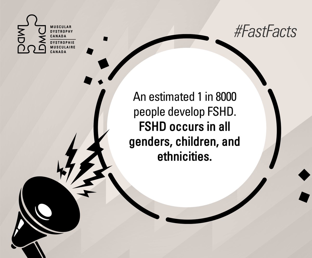 MD_Canada's tweet photo. [1/2]
Today is #WorldFSHDDay – a day to raise awareness of facioscapulohumeral muscular dystrophy (FSHD). In an effort to do just that, here are some interesting #FastFacts. Please share with friends and family!

#FSHD #FacioscapulohumeralMuscularDystrophy #FSHDAwareness https://t.co/wDlL2PzYqW