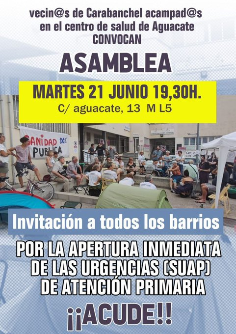 asamcarabanchel's tweet photo. En la acampada en el #SUAP de Aguacate, reclamando #SUAPReaperturaYa de los 37 centros de urgencias que llevan más de 2 años cerrados, participan numerosas vecinas de #Carabanchel y otros barrios. Este martes convocan asamblea para valorar y seguir defendiendo la #SanidadPública. https://t.co/uwAtTXd7HM