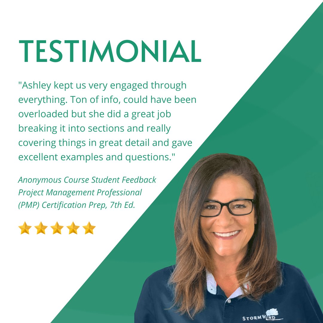 StormWindLive's tweet photo. Kudos to StormWind's Ashley Hunt for making an impact in her training courses. 

#stormwindlive #pmpro #pmptraining #kudos #pmp #agile #certtraining https://t.co/Uvndg26Wvy