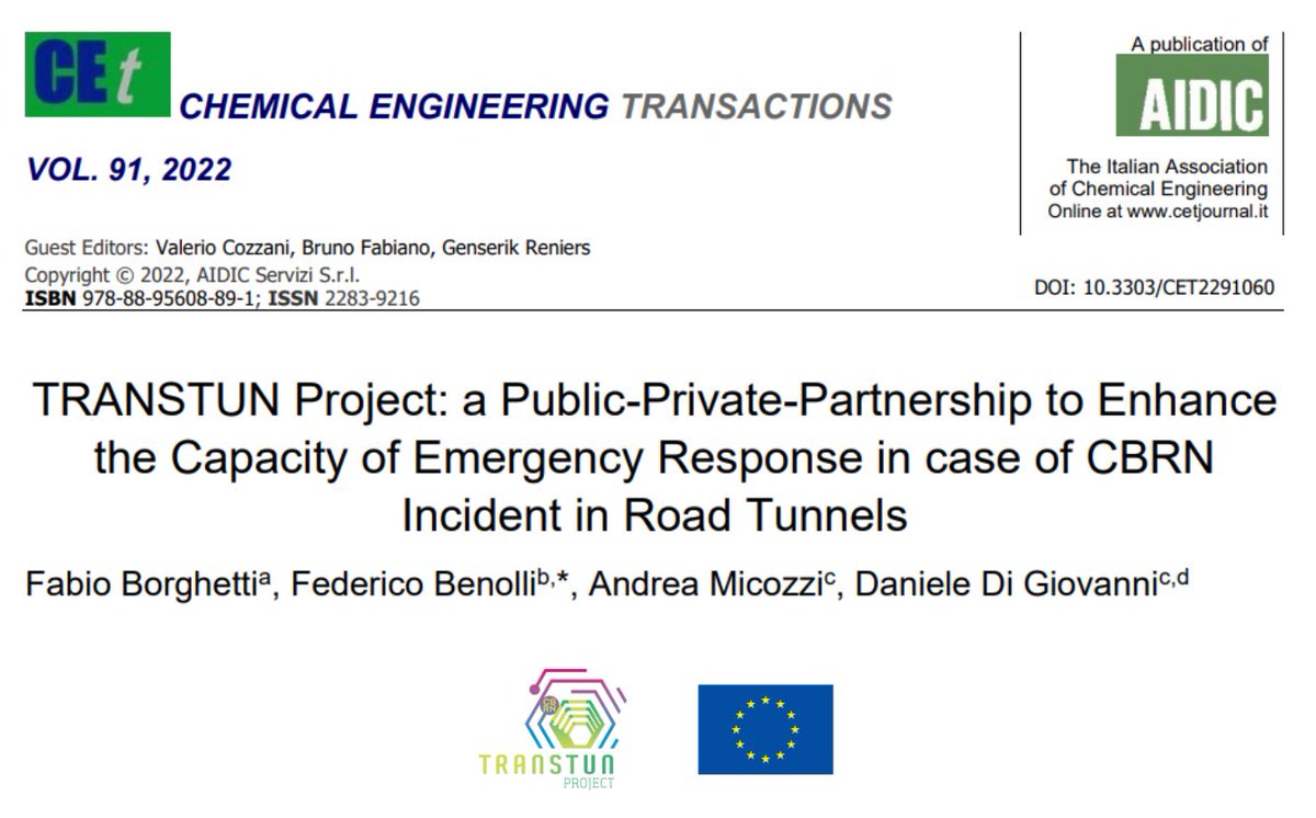 transtun's tweet photo. ✍️A paper on Project TRANSTUN has been published in the CET journal📰 of the Italian Association of Chemical Engineering. 
📢Read why TRANSTUN has been a significant milestone for #CBRN preparedness of transnational tunnels: https://t.co/W3dkriQJEd
@EUHomeAffairs #ISF #EU https://t.co/Wz6uSfwzIN