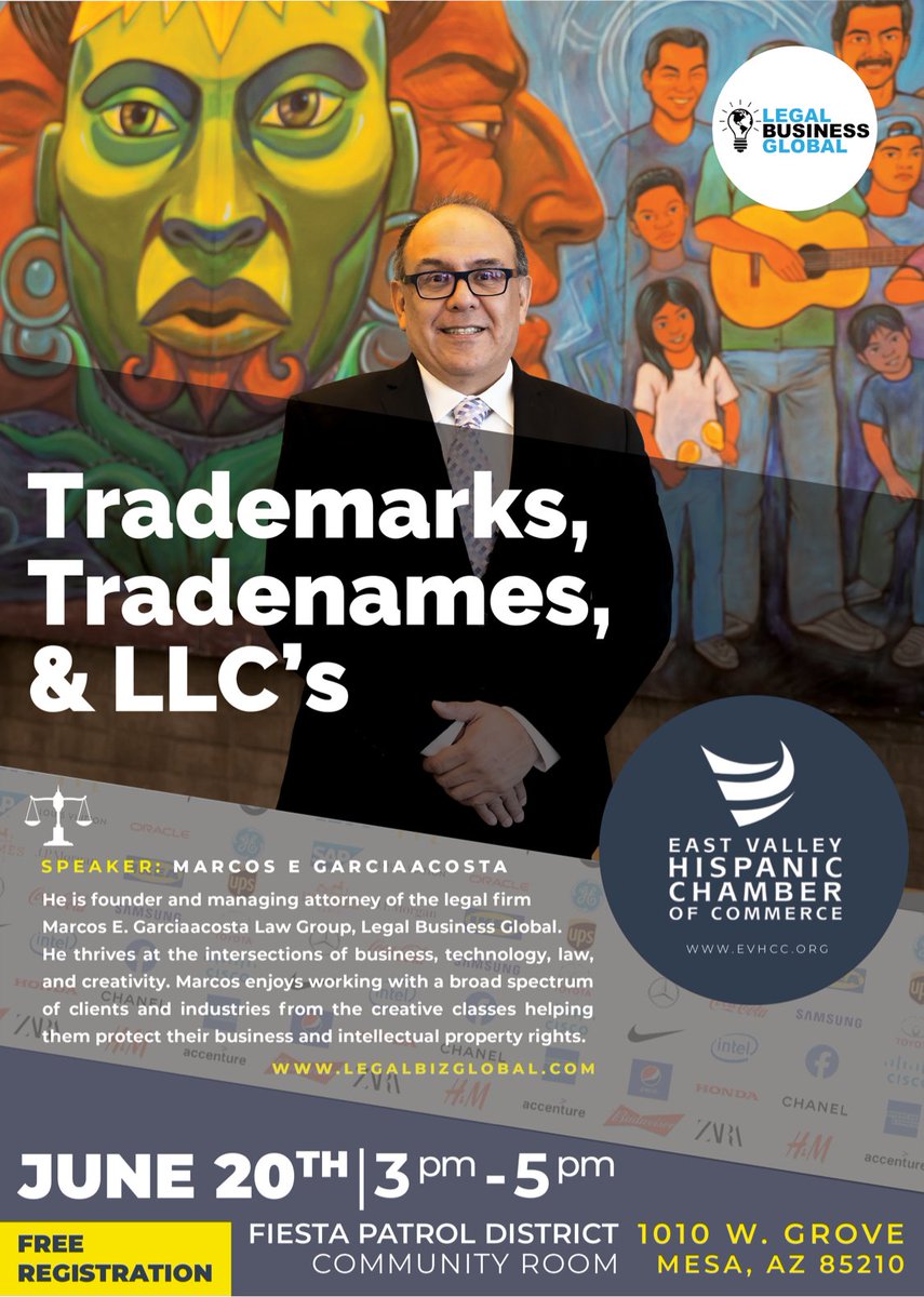 IPLawMarcos's tweet photo. I will give this talk with the East Valley Hispanic Chamber of Commerce @MesaEVHCC about #trademarks #tradenames, and #LLCs. I want to make sure your business name and brands are protected.
He will explain today from 3-5 pm. https://t.co/CkSS4BZLtv