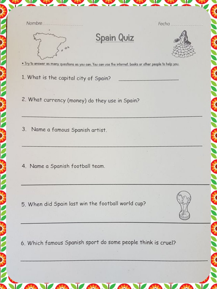 P3LorneStreet's tweet photo. We used the iPads to find out some more facts about Spain. How many questions can you answer? 🤔🇪🇸#españa #spain #socialstudies #kiddle @LorneStreetPS https://t.co/t9Dn0eOwsj