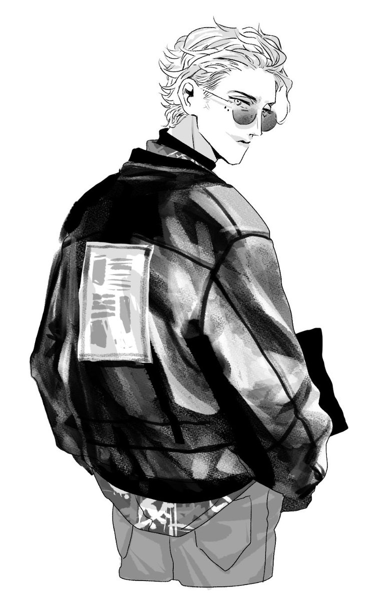 1boy greyscale male focus monochrome solo jacket looking back  illustration images