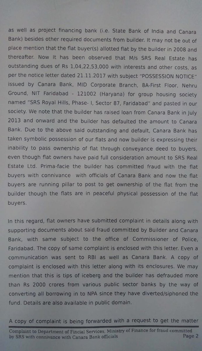 AnilsinghMP's tweet photo. @nsitharaman @FinMinIndia 
@narendramodi @PMOIndia 
केनरा बैंक ने SRS Real estate builder के साथ मिलकर फरीदाबाद के 1200 फ्लैट ओनर को धोखा दिया है इस कारण इन लोगो के फ्लैट की 8 साल से रजिस्ट्री नही हो पा रही है वित्त मंत्री ओर PMO को इस मामले में तुरंत कार्यवाही करनी चाहिए! https://t.co/4v7ABCjiVF