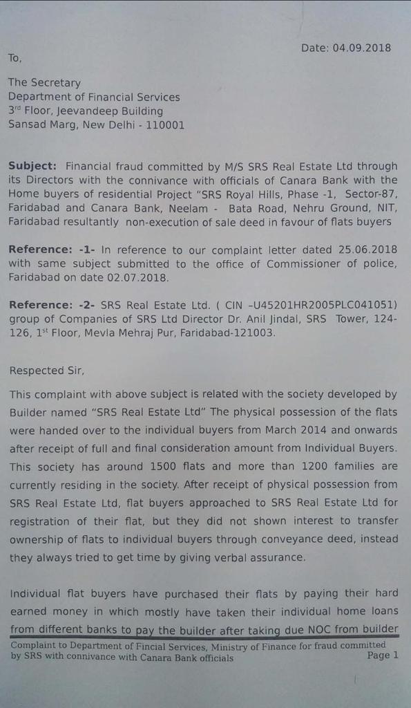 AnilsinghMP's tweet photo. @nsitharaman @FinMinIndia 
@narendramodi @PMOIndia 
केनरा बैंक ने SRS Real estate builder के साथ मिलकर फरीदाबाद के 1200 फ्लैट ओनर को धोखा दिया है इस कारण इन लोगो के फ्लैट की 8 साल से रजिस्ट्री नही हो पा रही है वित्त मंत्री ओर PMO को इस मामले में तुरंत कार्यवाही करनी चाहिए! https://t.co/4v7ABCjiVF