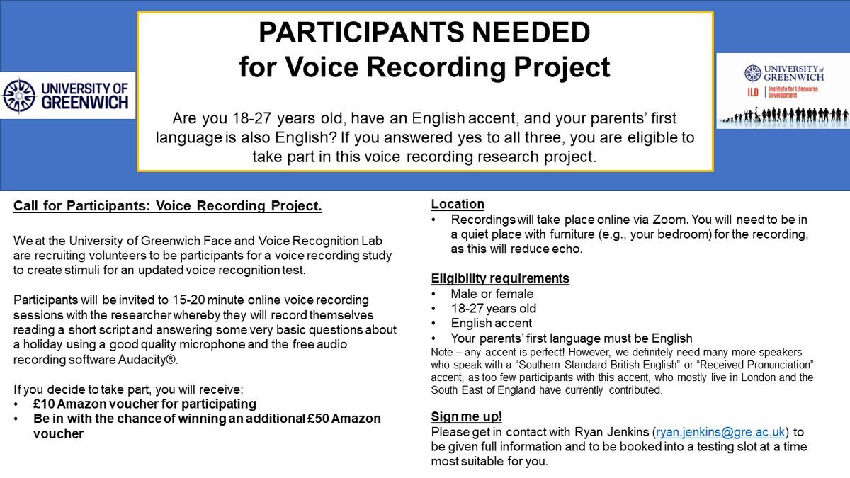 Ryan_e_Jenkins's tweet photo. ‼️PARTICIPANTS NEEDED‼️

We at the @UniofGreenwich Face and Voice Recognition Lab (@GRecognisers) are recruiting participants for a 15-minute voice recording project! 

Click Image for more details!
@ILD_Greenwich #voicerecognition #superrecognisers https://t.co/lrIWOgBDdc